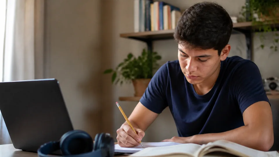 Estudiante organizando su preparaci&oacute;n para becas con clases grabadas