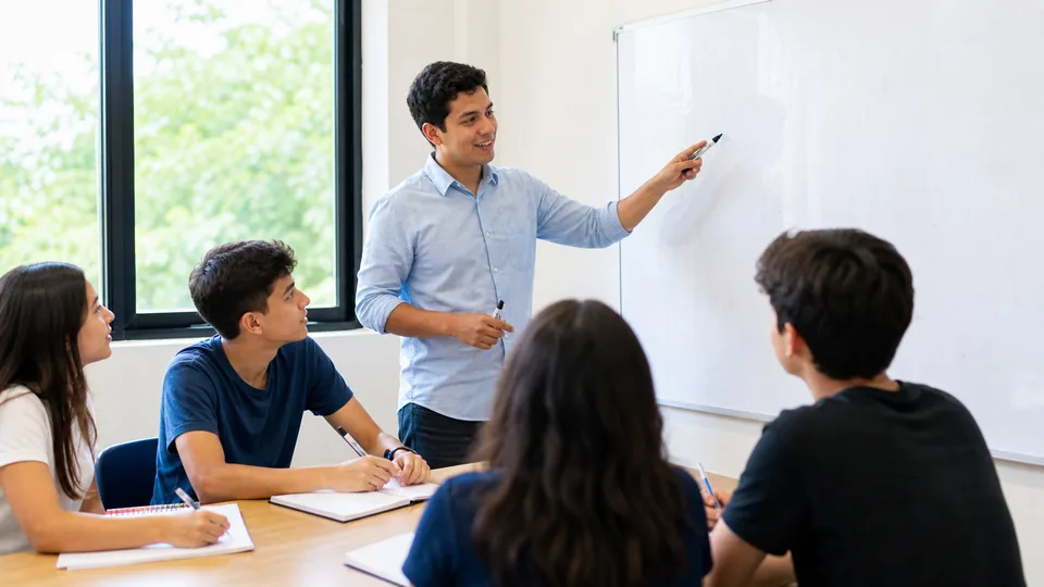 Profesor y estudiantes en una clase presencial de preparaci&oacute;n