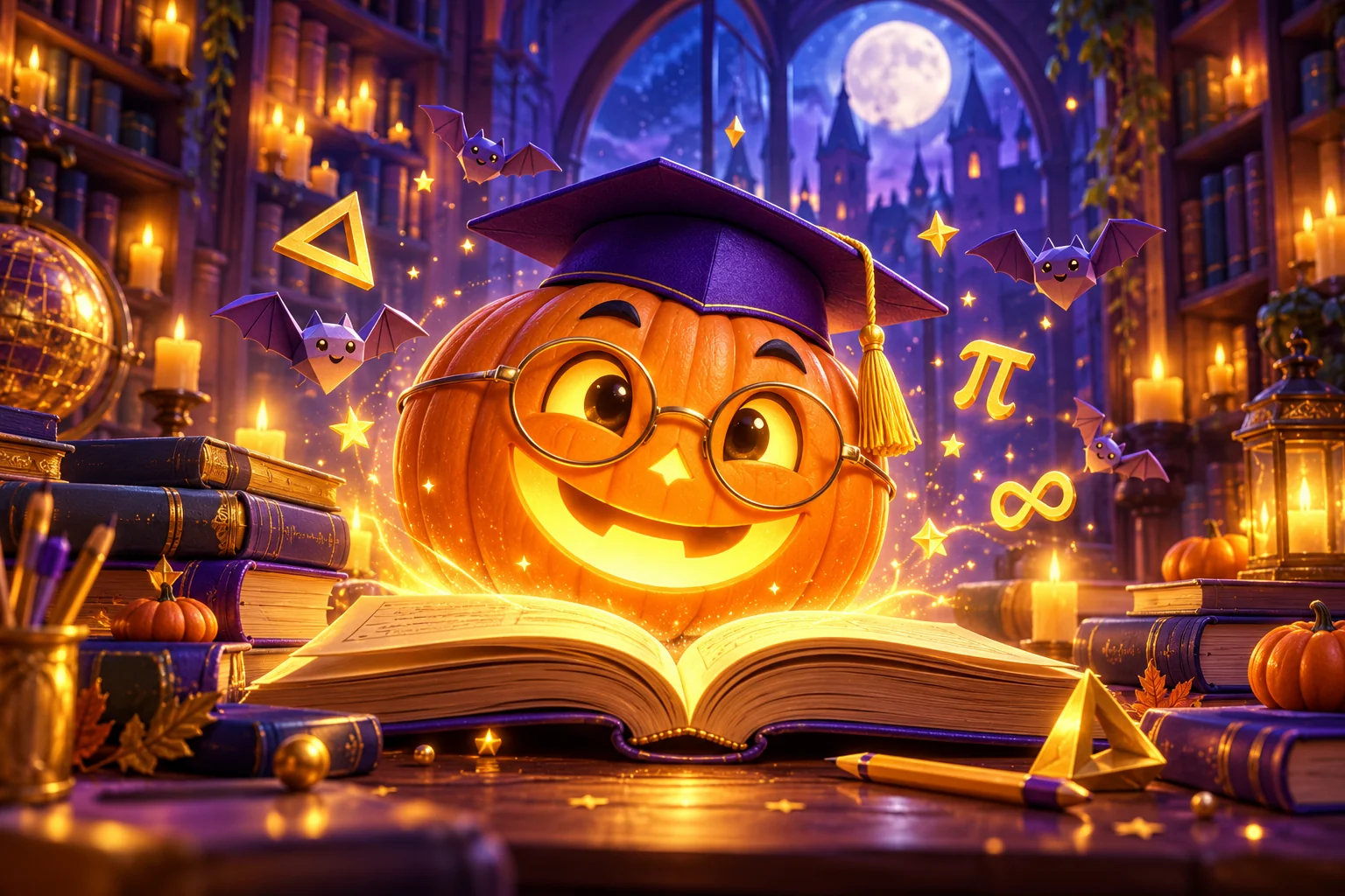 Calabaza sonriente con lentes y birrete sobre un libro, en una biblioteca mágica de Halloween.
